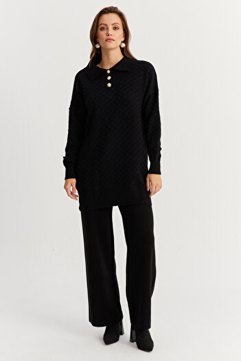 Cool & Modest Women's Black Pearl Buttoned Knitwear Bottom and Top Set Mnuv33