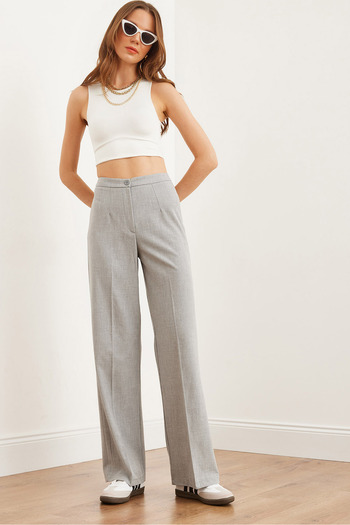 Olalook Women's Light Gray Single Button Polyviscose Palazzo Trousers Pnt- 19000296