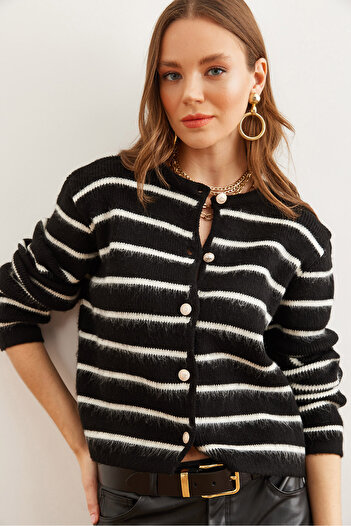 Olalook Women's Black Raised Buttoned Striped Knitwear Cardigan Hrk- 19000313