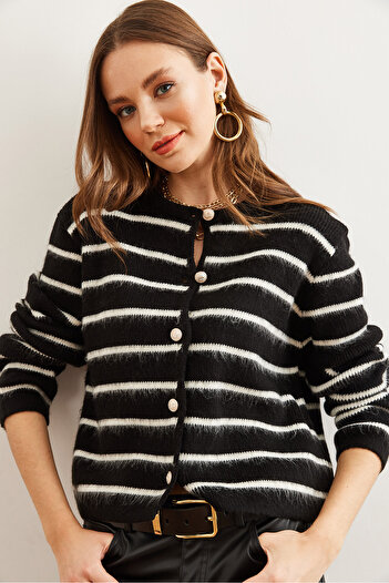 Olalook Women's Black Raised Buttoned Striped Knitwear Cardigan Hrk- 19000313