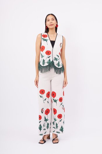 Peraluna Poppy Waistcoat نمط الخشخاش الخامس الرقبة تنورة شرابة مفصلة مريحة قطع سترة تريكو المرأة -