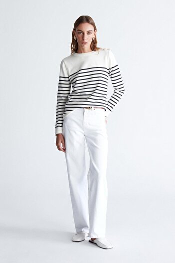 Peraluna Styleboom X Audrey Pullover Shoulder Buttoned Striped Organic Cotton Seasonal Women's Knitwear Sweater