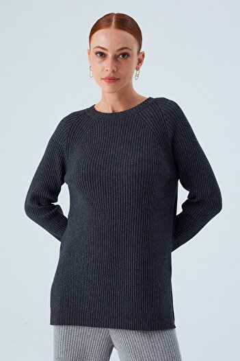 Peraluna Slit Loose Cut Cashmere Blend Women's Knitwear Sweater - Anthracite Melange