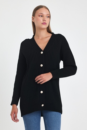 Chiccy Black V-Neck Long Sleeve Front Buttoned Casual Oversize Knitwear Cardigan 75 60