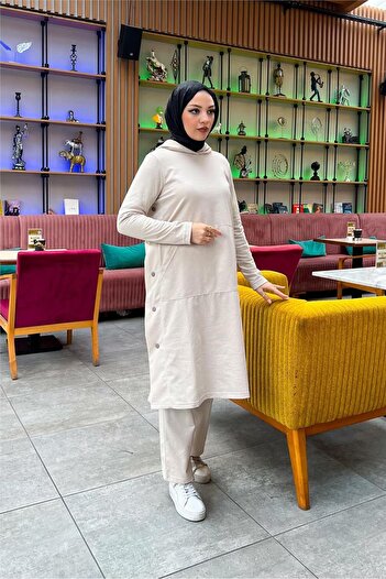 SEVDA Hooded Yandat Snap Fastener Plain Basic Long Tunic and Trousers Double Sports Set - 03071.027 - Ecru