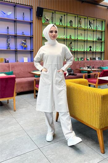 SEVDA Front Two Pockets Simple Basic Long Tunic Trousers Double Sports Set - 03067.027 - Ecru