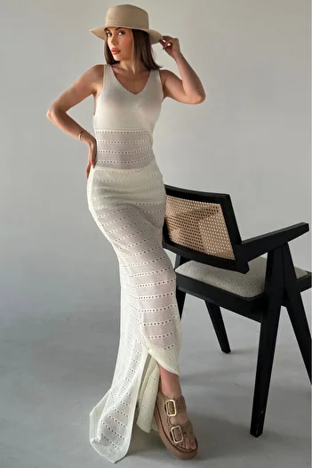aytenli V-Neck Strap Top Tight Woven Lower Side Sparse Woven Slit Standard Size Long Knitwear Dress