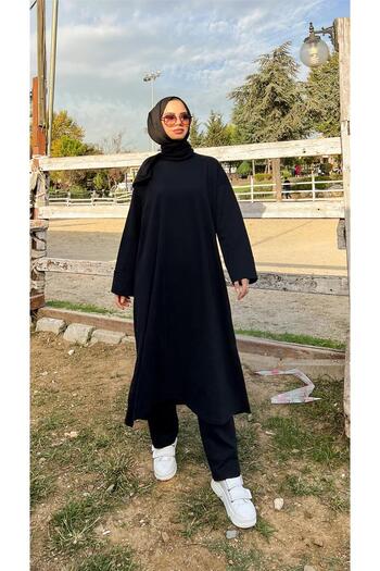 Bwest O Neck Slit Long Wide Comfortable Tunic Trousers Simple Basic Sports Set - 03040.003 - Black