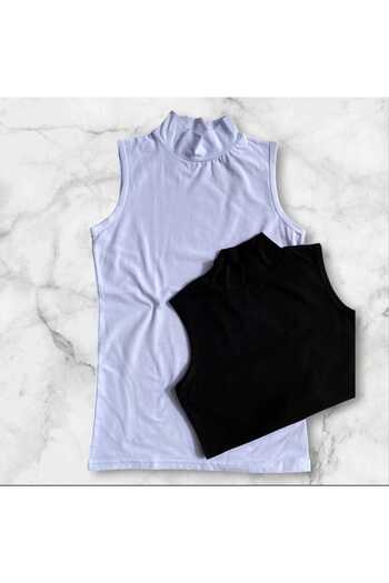 TRİYA FASHİON Turtleneck 2-Piece Black and White Color-Saving Product (Without Sleeves) Women's Body-Singlet