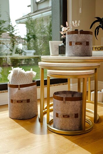 AYEM HOME Multi-Purpose Round Organizer Basket with Leather Stripes, 33X25Cm, Mega Size, Gray Color
