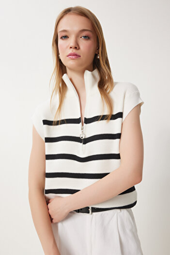 Lovelyİstanbul Striped Zippered Knitwear Sweater - Ecru Lus0039