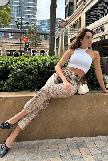 Seeh Γυναικείο τζιν παντελόνι SH175 Model Beige Snake Print