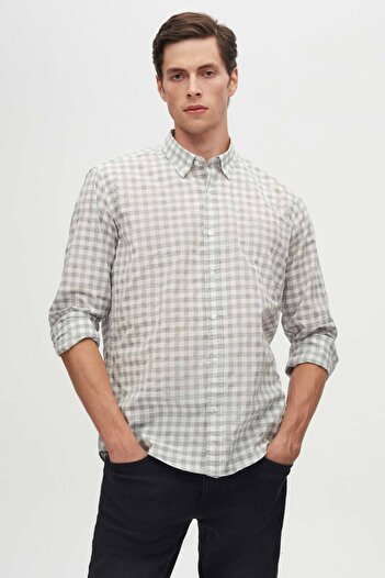 D'S Damat Slim Fit Gray Checkered Plaid Shirt