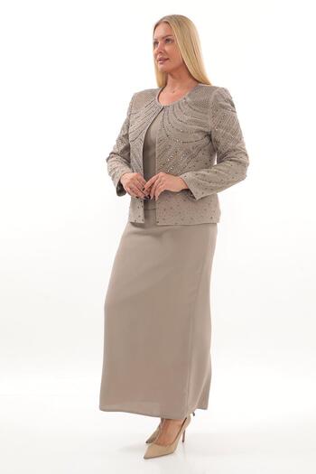 MİSS DİAMOND Stone Embroidered Long Sleeve Crepe Fabric Mink Triple Skirt Suit