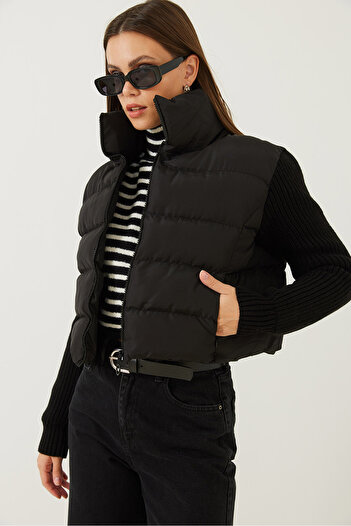 Bianco Lucci Women's Knitwear Sleeve Judge Collar Puffer Coat