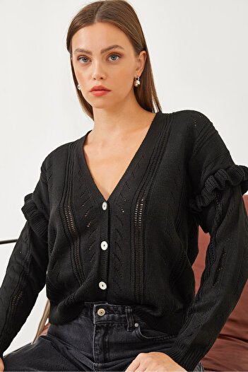 Bianco Lucci Women's Openwork Frilly Knitwear Cardigan