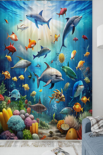 Else Dekor Underwater Sea World Fishes Patterned Children's Room Tulle Curtain 140X260Cm