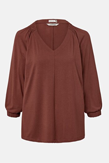 Tchibo Women V Neck Long Sleeves Plain Blouse, Maroon