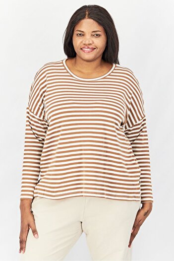 Tchibo Women Round Neck Elbow Sleeve Stripe Top, Brown And White