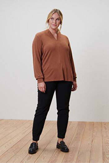 Tchibo Women V-neck Long Sleeves Plain Top, Brown
