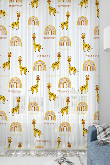 Else Dekor Yellow Giraffe Rainbow Patterned Girl's Room Tulle Curtain 140X260Cm