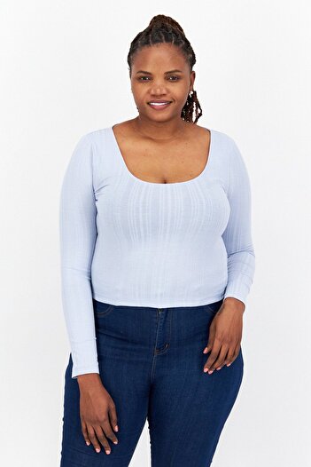 NA-KD Women Scoop Neckline Long Sleeve Ribbed Top, Dusty Blue