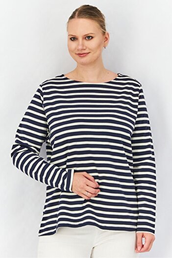 Tchibo Women Round Neck Long Sleeves Stripe Top, Navy