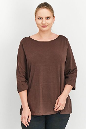 Tchibo Women Boat Neck Long Sleeves Plain Top, Brown