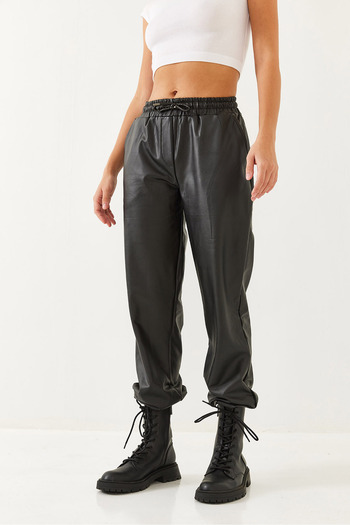 Bianco Lucci Women's Leather Trousers with Elastic Waist and Leg Legs