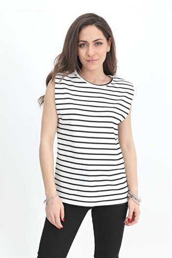 VAPUR TEKSTİL Tricou Umeri Căptușiți Fără mâneci Dungi - Alb