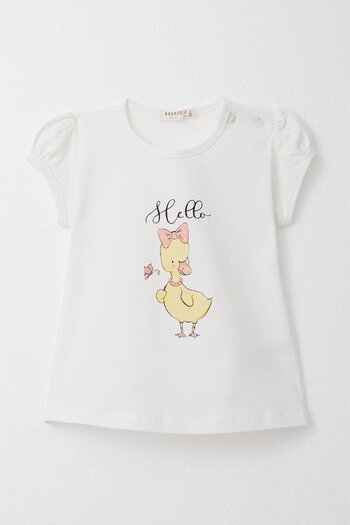 Breeze 1-4 Years Girl's T-Shirt - Decorated, Bow and Duck Print, Ecru