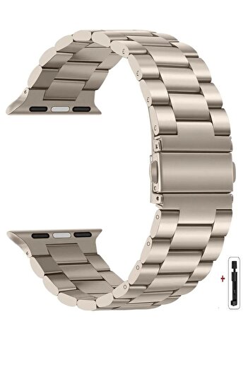 Alstrap Apple Watch Seri 6 7 8 9 10 Se Ultra Uyumlu 44 45 46 49mm Starlight Paslanmaz Çelik Metal Kordon
