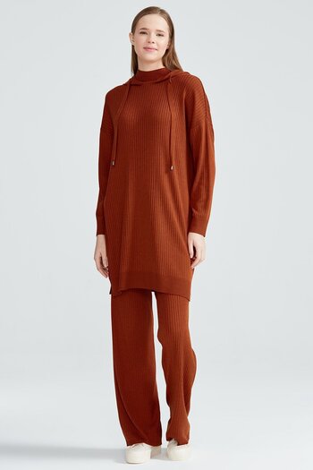 Tığ Triko Ribbed trousers knitwear set taba