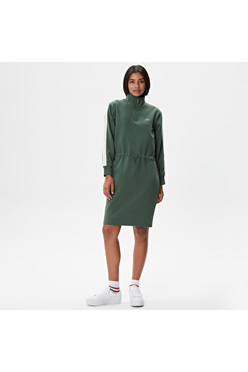 Lacoste Kadın Loose Fit Uzun Kollu Dik Yaka Baskılı Yeşil Elbise