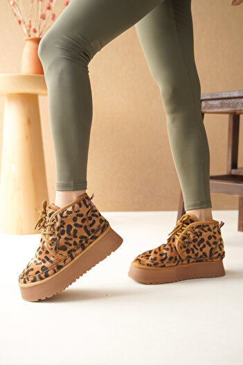 TOPUK Γυναικείες μπότες Hugu με Leopard Print - Δαντέλα, Χοντρή Σόλα και Εσωτερική Γούνα