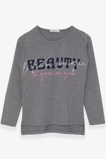 Breeze Girl's Long Sleeve T-Shirt with Stony Text Printed, Age 10-16, Dark Gray Melange