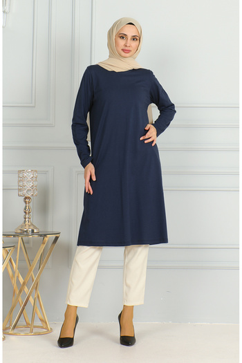 sefamerve Navy Blue Long Slit Tunic - 9141-07