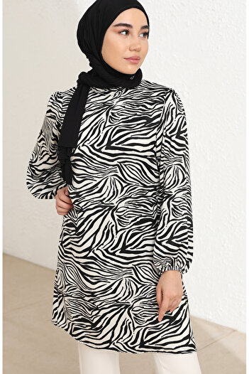 sefamerve White Black Patterned Tunic - Elastic Sleeve, Model 84002-02