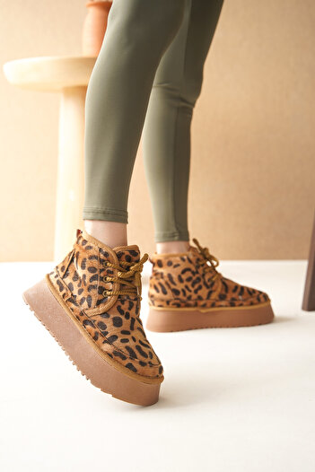 TOPUK Γυναικείες μπότες Hugu με Leopard Print - Δαντέλα, Χοντρή Σόλα και Εσωτερική Γούνα