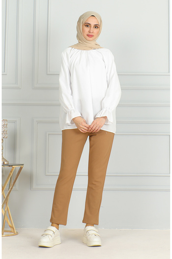 sefamerve Milk Brown Colored Elastic Waist Trousers 0498-01