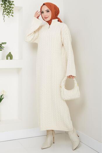 hafsamina Ecru Knitwear Dress - Zip Collar and Knitted Detail Hm2554