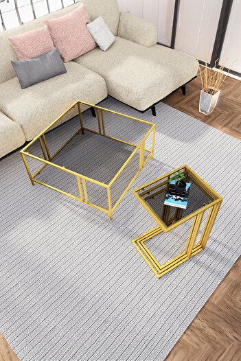 DEKOPRATİK URANÜS GOLD ORTA SEHPA FÜME CAM & İBİZA GOLD ZİGON SEHPA FÜME CAM