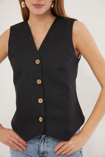 armonika Women's Black V-Neck Fitted Linen Look Lined Vest Arm-24Y 001111