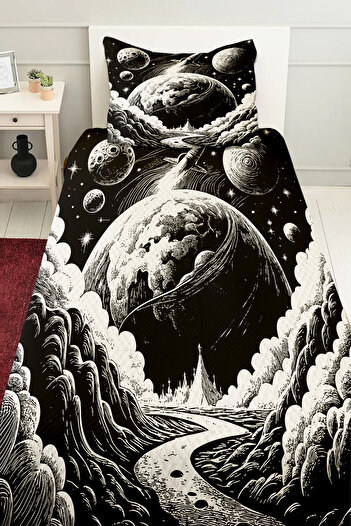 Else Dekor Black and White Space Moon Planet Patterned Children's Single Pique Set Quilted Bedspread