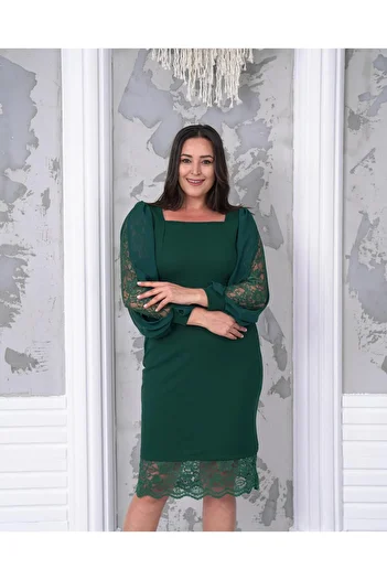 Butik Nilyam Green Midi Length Stretchy Evening Dress - Plus Size, Lace Detailed Sleeve and Skirt 24607