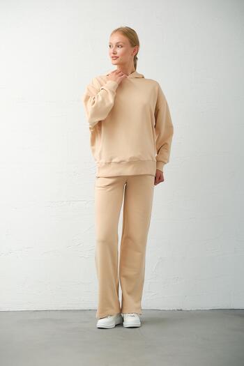 BUSA Beige Colored Maternity Tracksuit Set - Flexible, Hooded, Adjustable Waist, 3 Thread