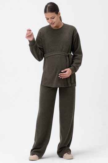 BUSA Khaki Knitwear Set with High Waist and Breastfeeding Detail - Wide Leg Soft Texture