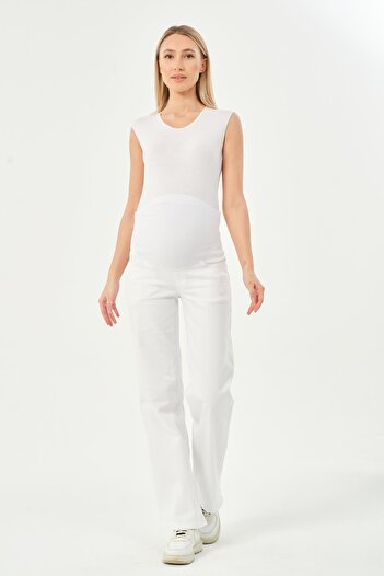 BUSA Maternity Flexible Abdomen Banded Adjustable Waist Loose Leg Jeans Pants White