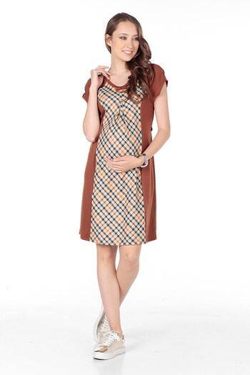 BUSA Maternity Plaid and Knitted Jersey Casual Dress Brown