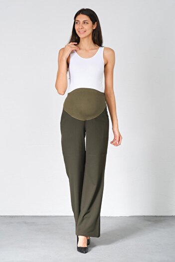 BUSA Pregnant Flexible Abdominal Banded Wide Leg Gabardine Classic Trousers Khaki